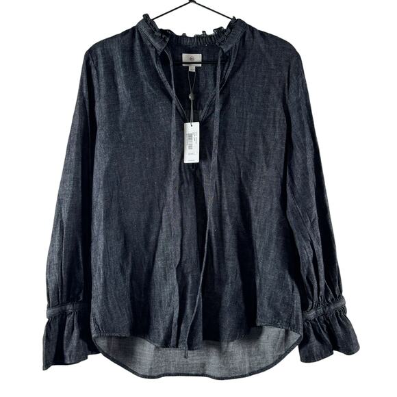 NWT AG Adriano Goldschmied Womens Lottie Top Shirt Blue Ruffle Tie Neck Size S - Picture 2 of 7